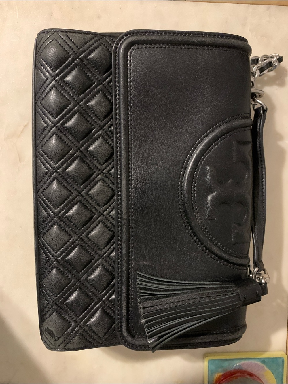 Tory Burch Fleming Black Quilted Leather Purse with Tassel